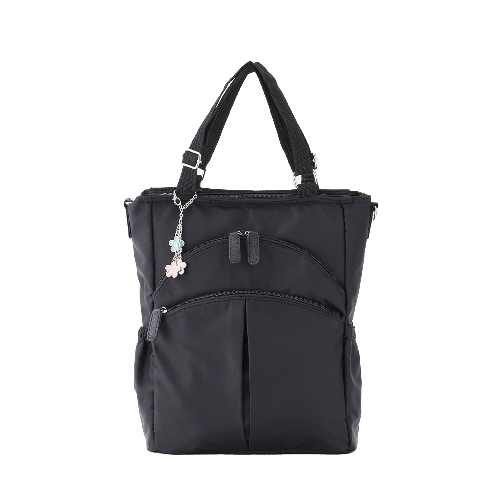 はっ水ナイロン花チャーム付き4wayバッグ ブラック