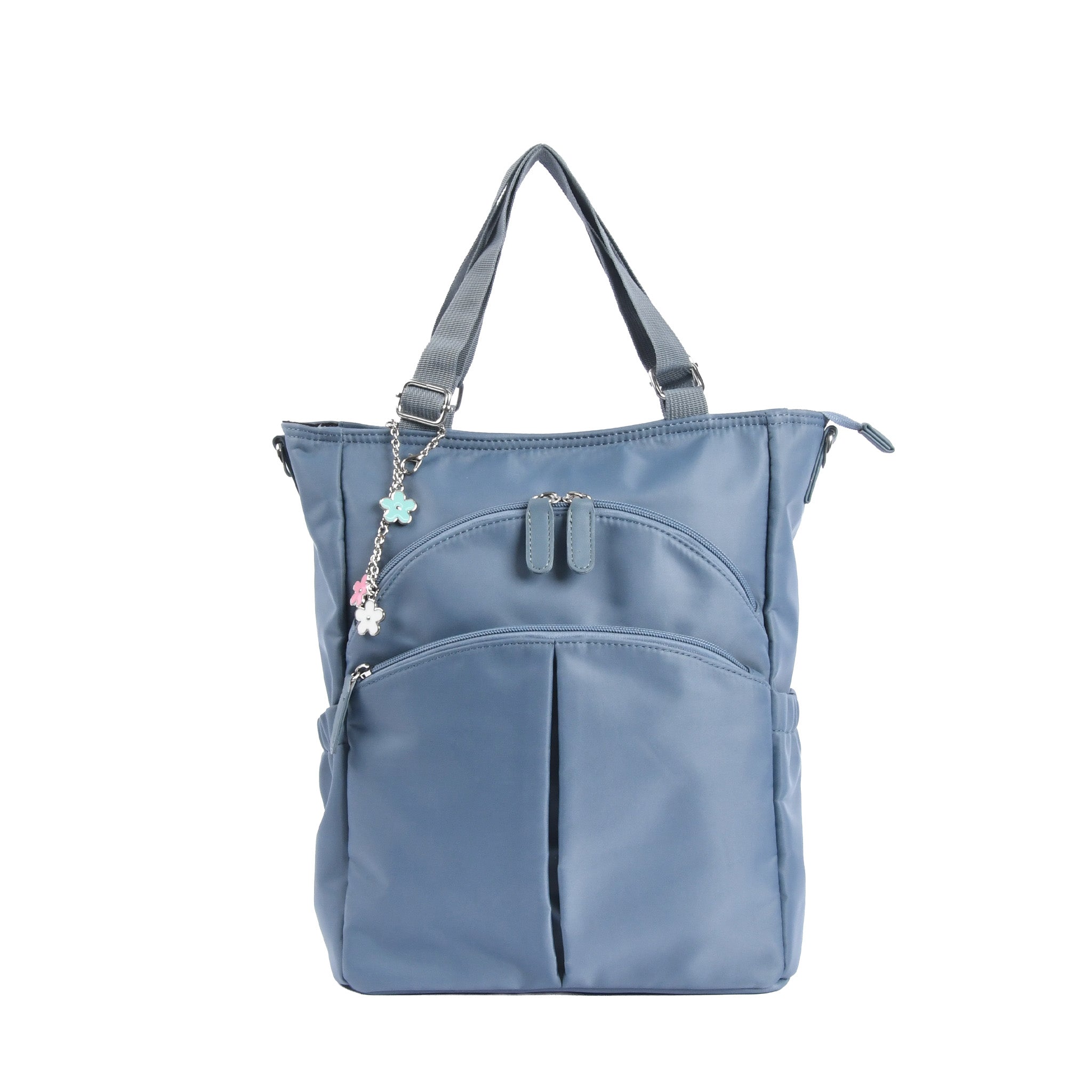 はっ水ナイロン花チャーム付き4wayバッグ ブルー