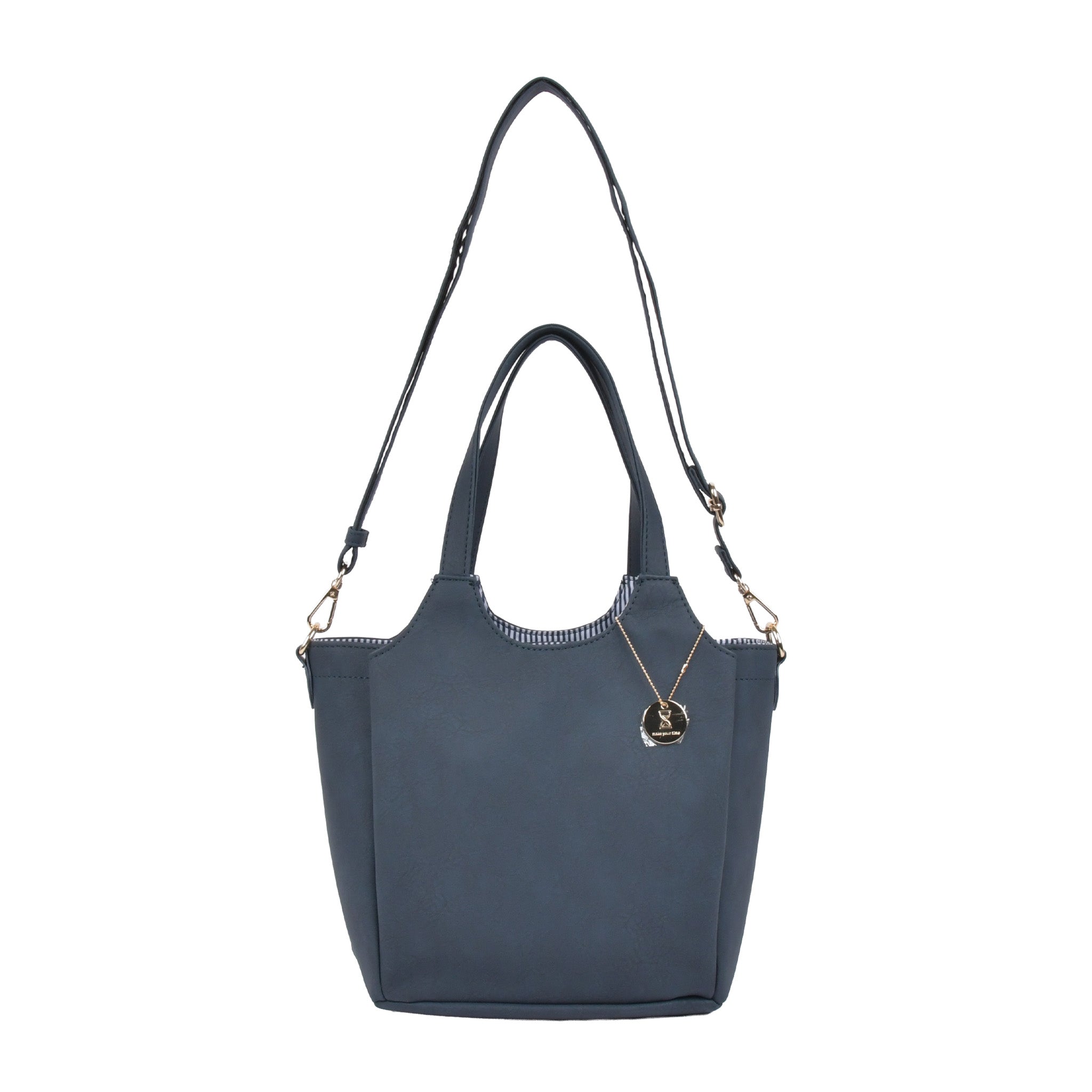 合皮チャーム付き2wayハンドバッグ ネイビー