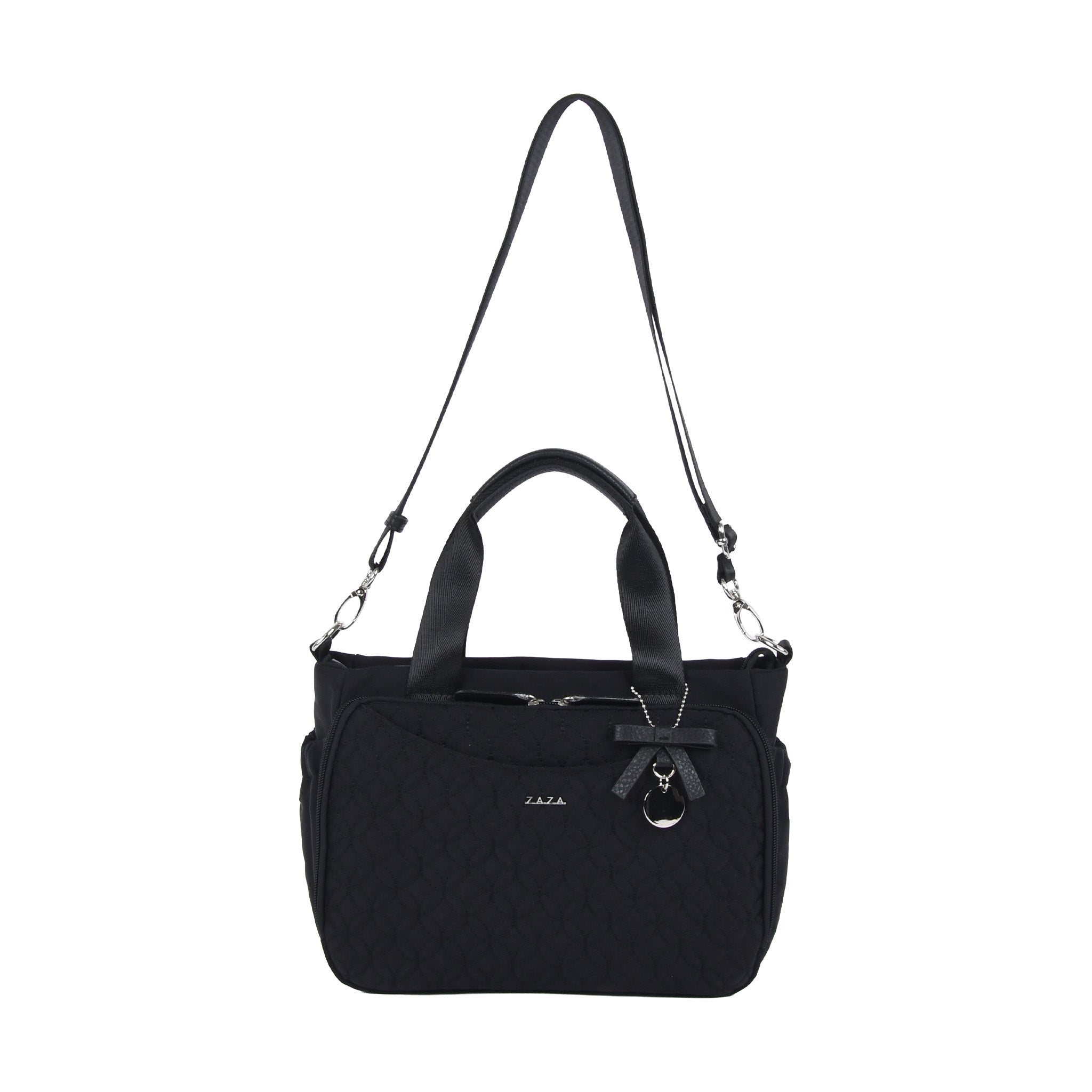 キルトリボン猫チャーム付き2wayハンドバッグ ブラック