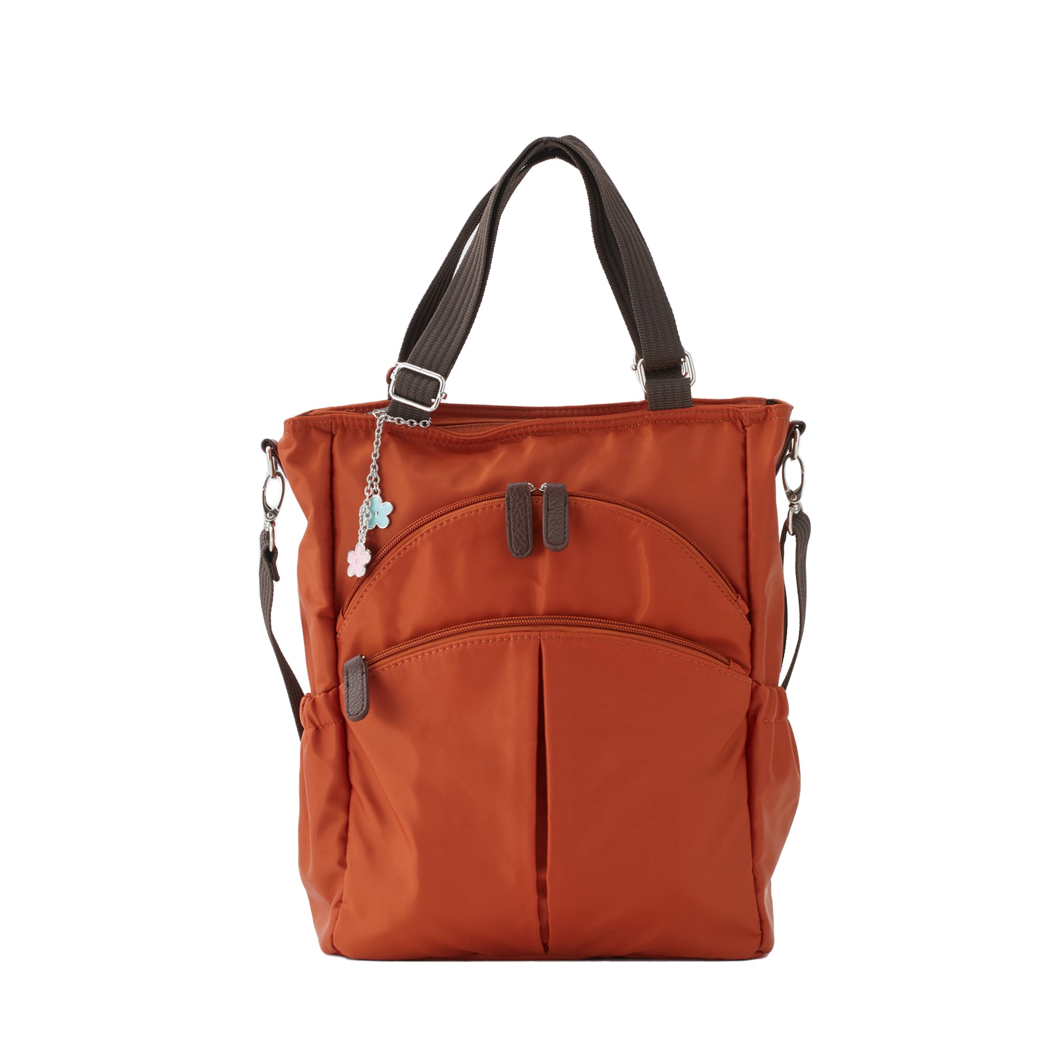 はっ水ナイロン花チャーム付き4wayバッグ オレンジ