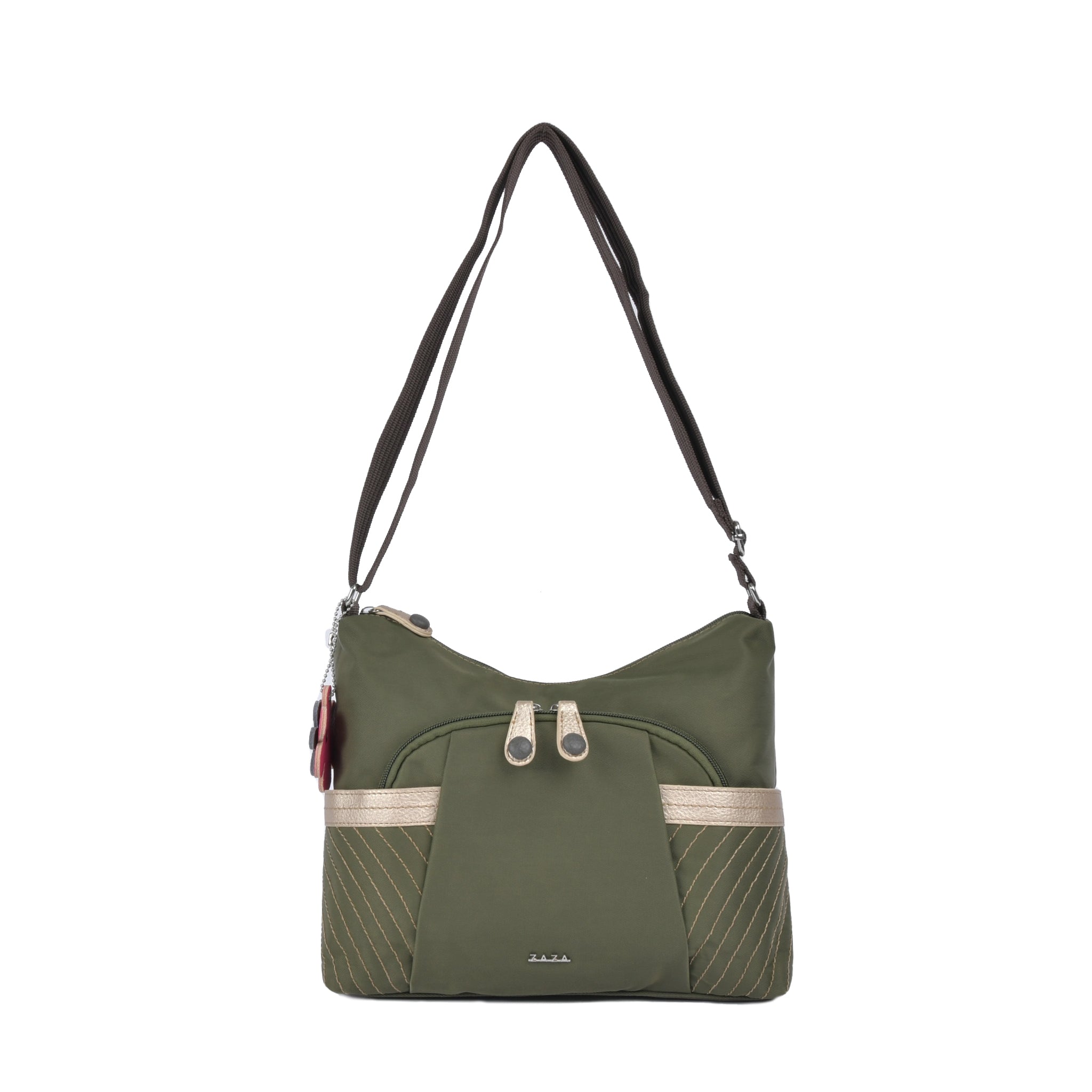 シワナイロン花チャーム付きステッチショルダーバッグ カーキ