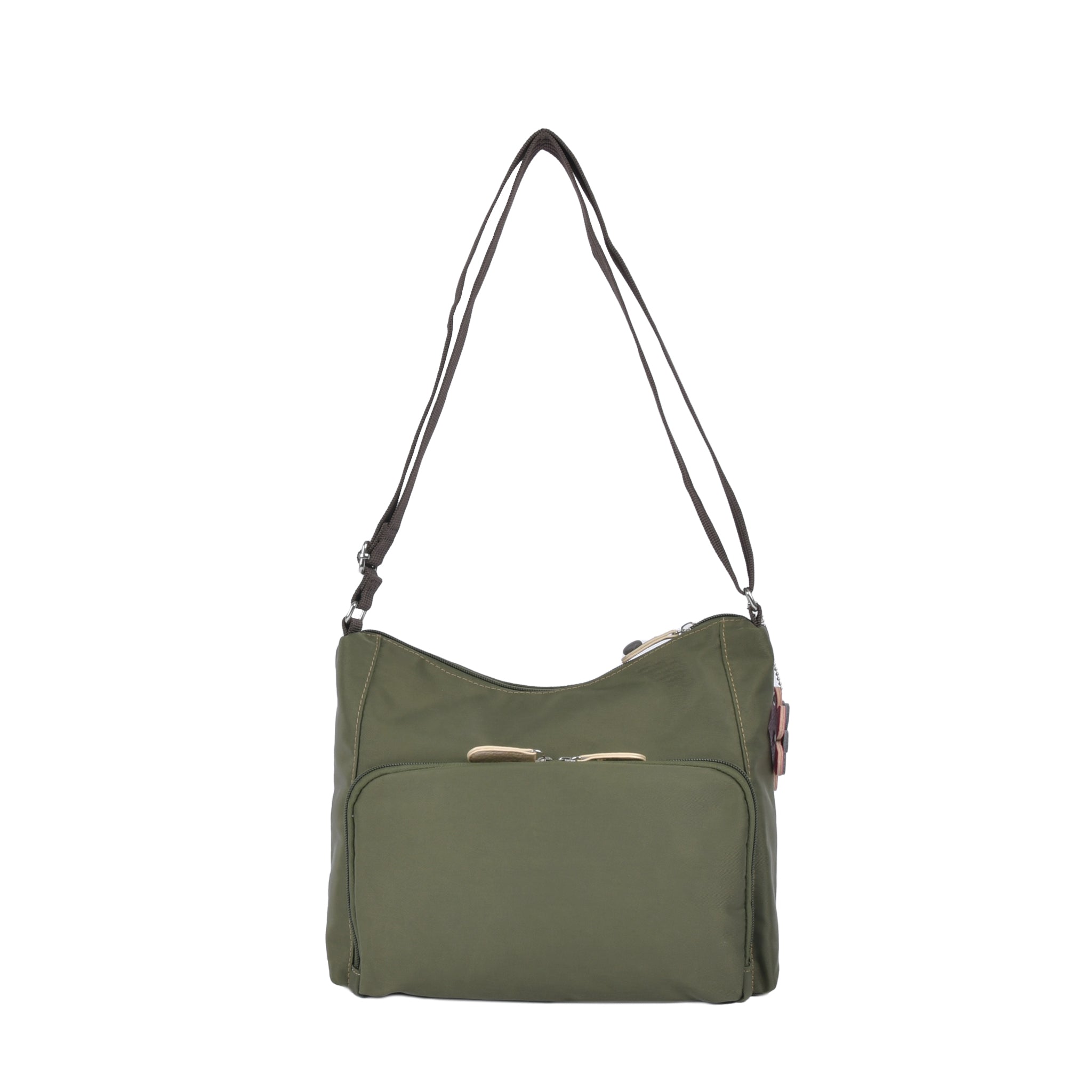 シワナイロン花チャーム付きステッチショルダーバッグ カーキ 後ろ