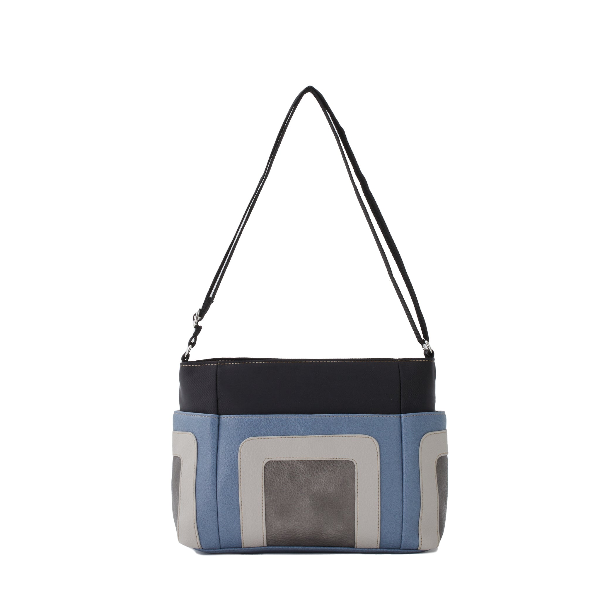 青・グレー・ブラック配色の切り替えショルダーバッグ 猫型チャーム付き 後ろ