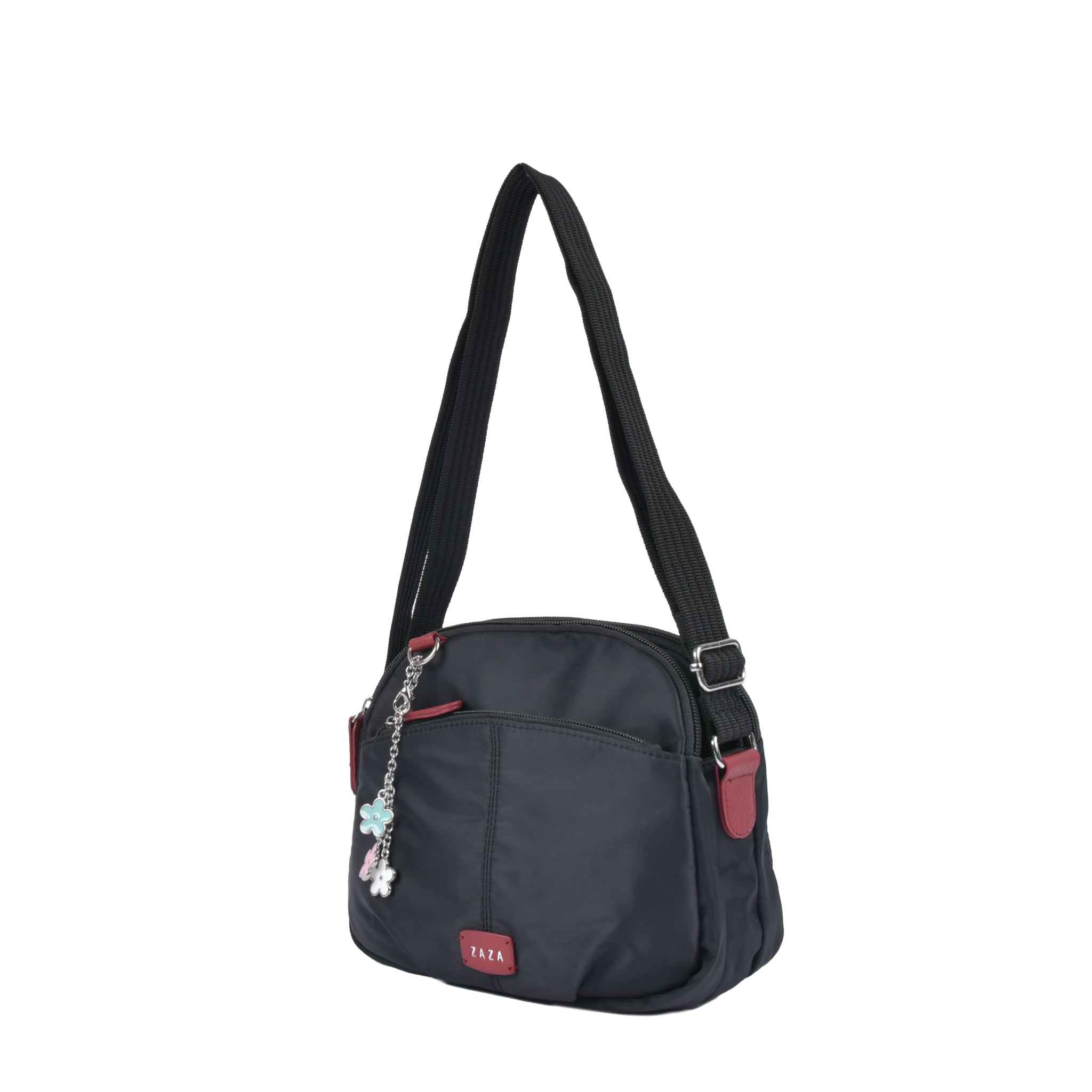 ツイルナイロン花チャーム付きショルダーバッグ ブラックレッド 単品商品カット 斜め