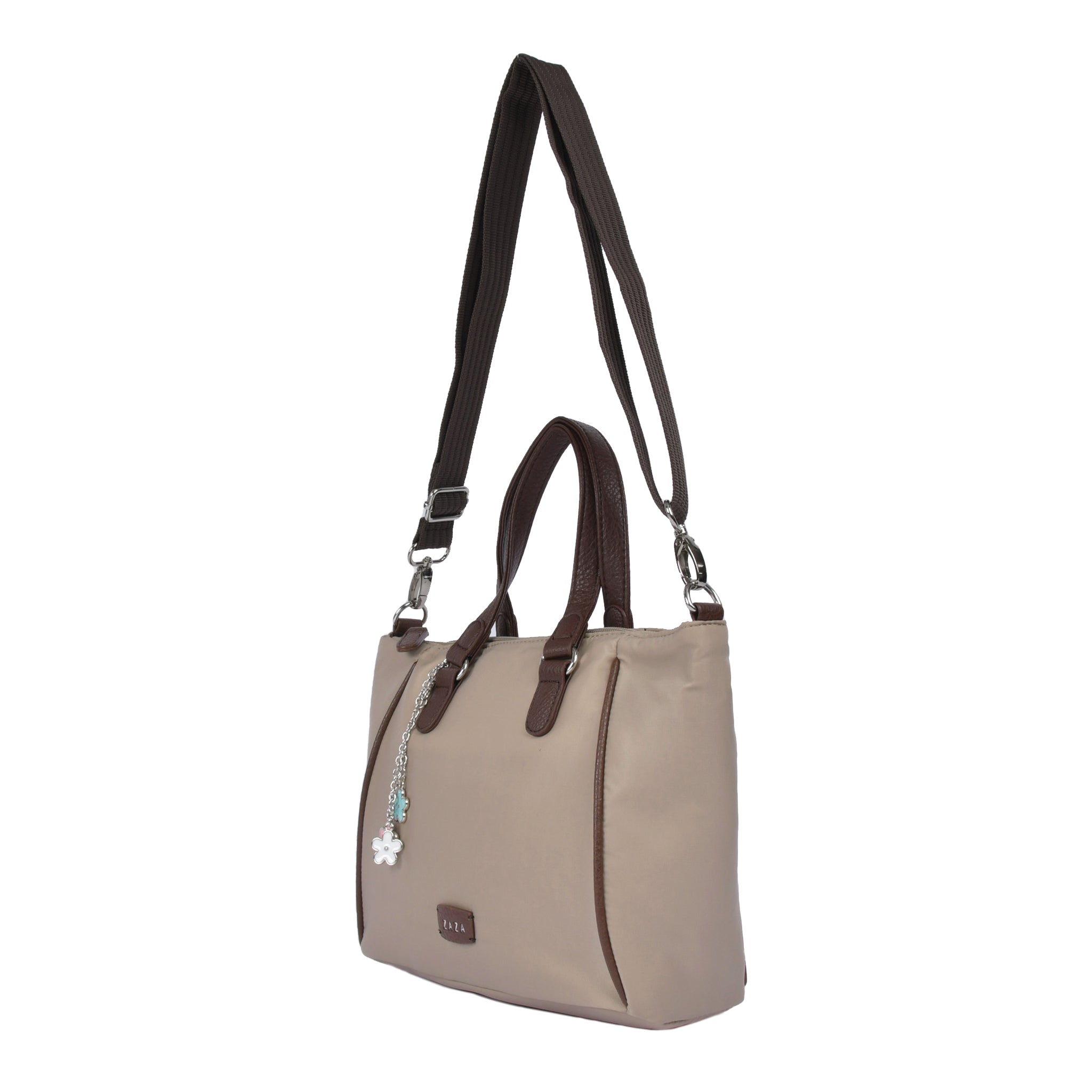 ツイルナイロン花チャーム付き2wayハンドバッグ 斜め