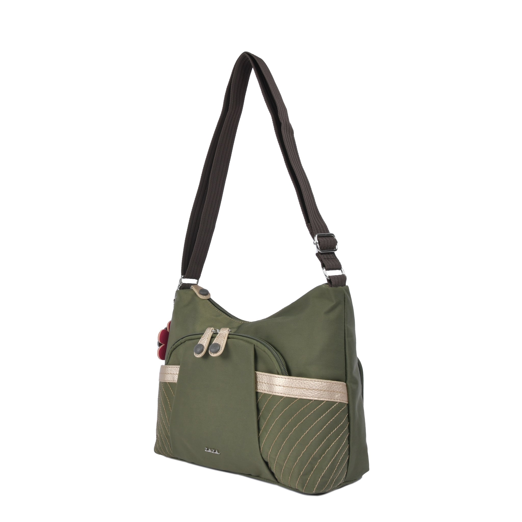 シワナイロン花チャーム付きステッチショルダーバッグ カーキ 斜め