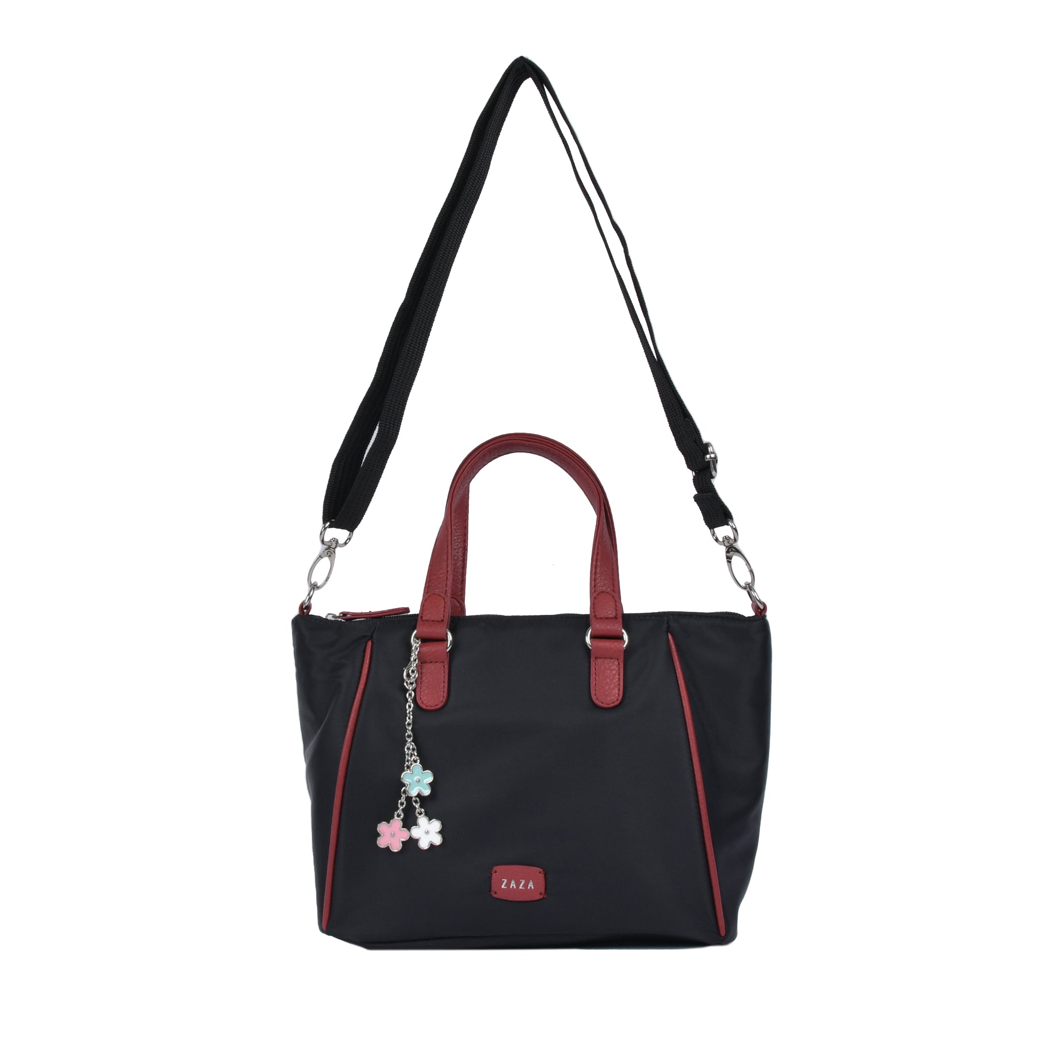 ツイルナイロン花チャーム付き2wayハンドバッグ ブラックレッド