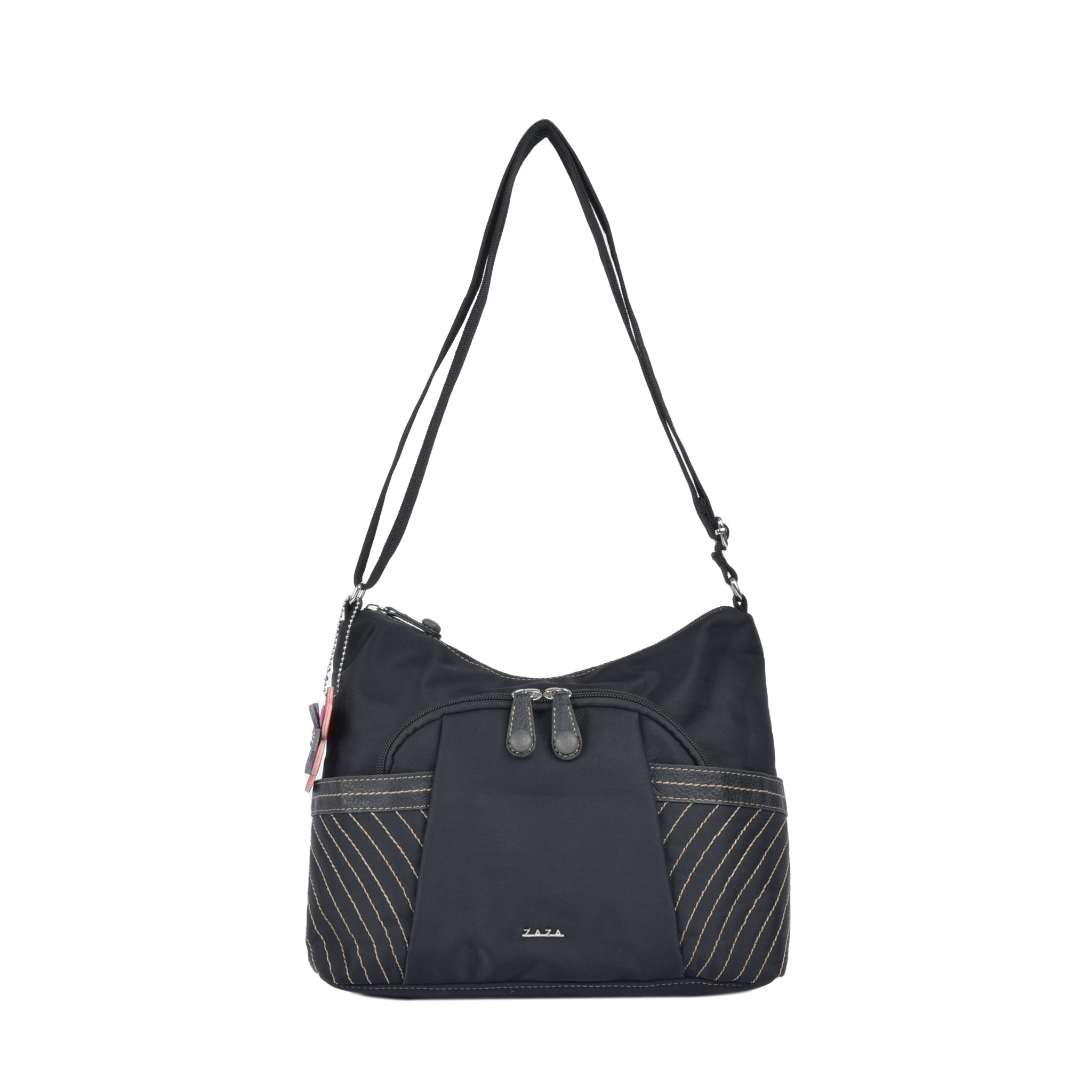 シワナイロン花チャーム付きステッチショルダーバッグ ブラック