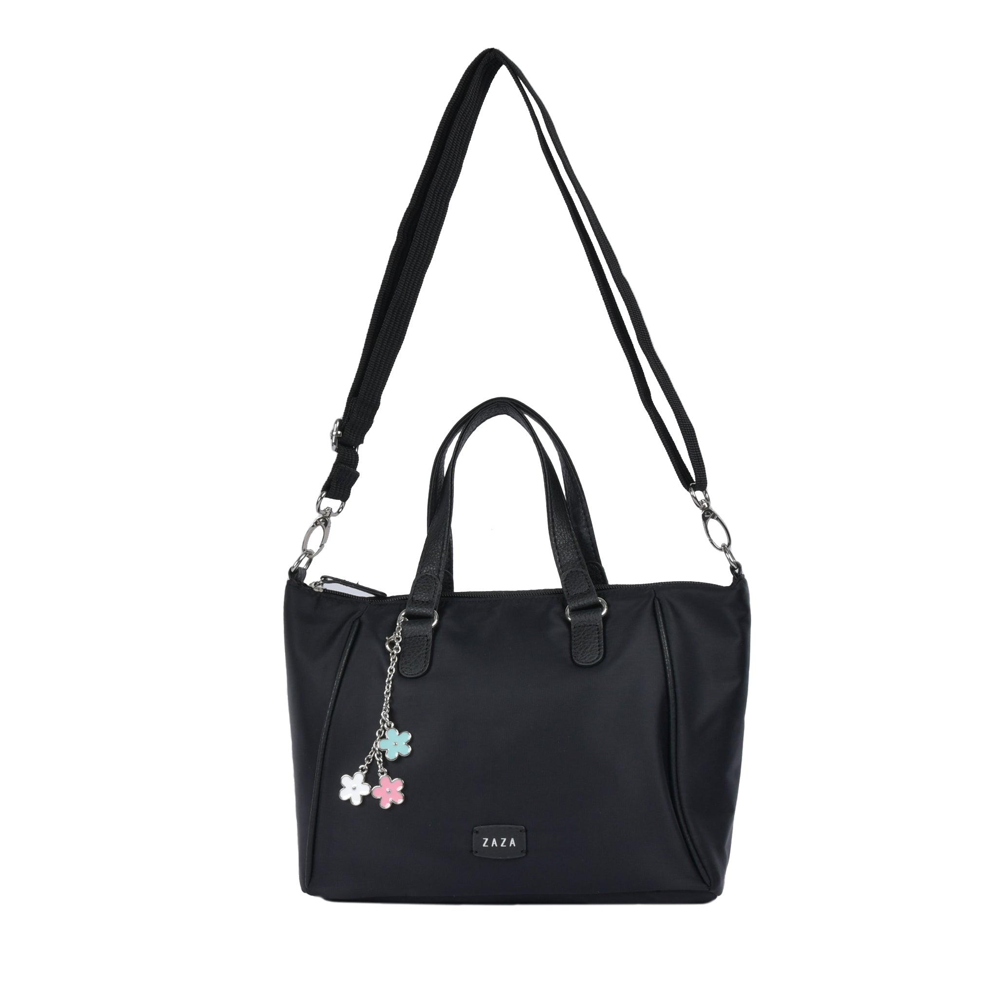 ツイルナイロン花チャーム付き2wayハンドバッグ ブラック
