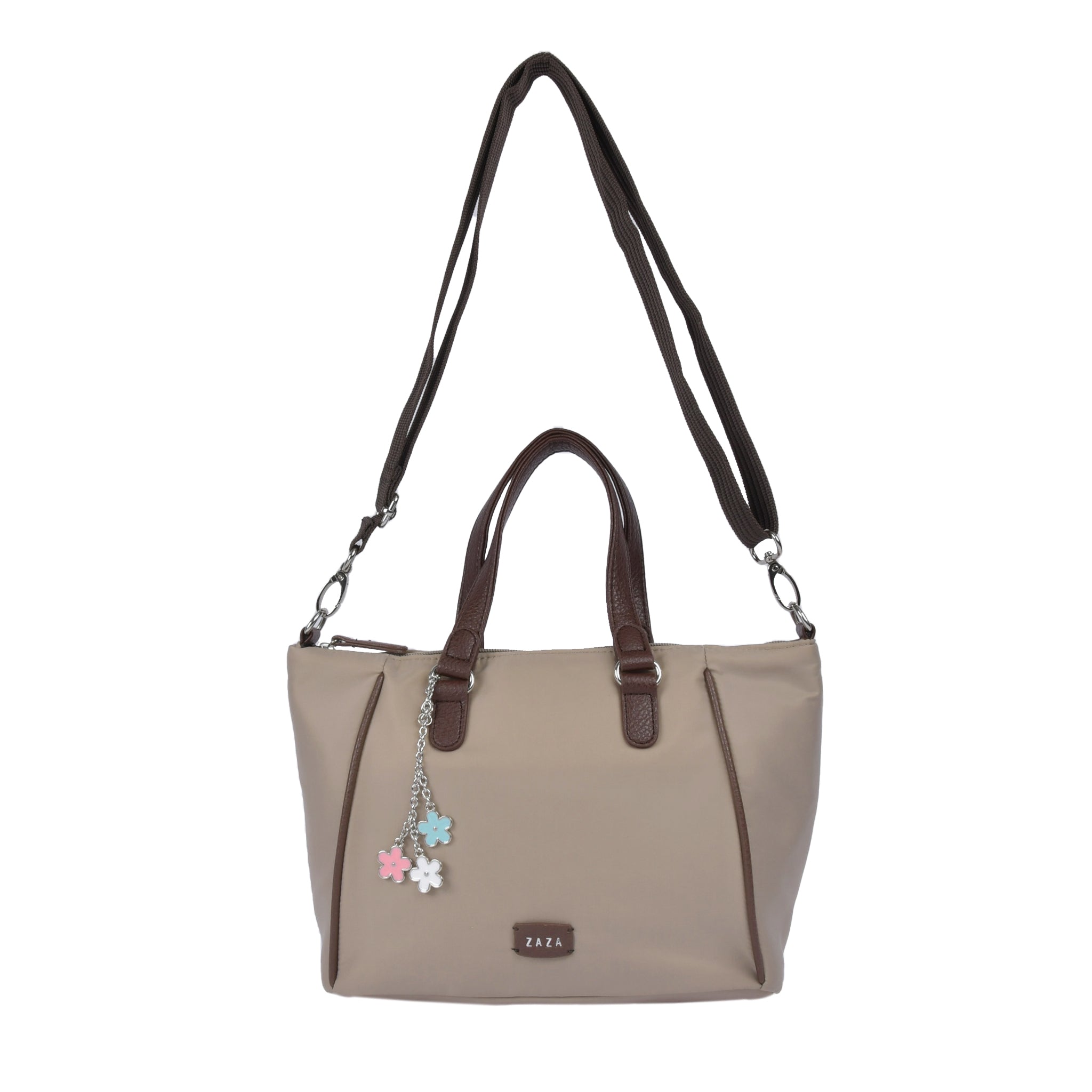 ツイルナイロン花チャーム付き2wayハンドバッグ ベージュ