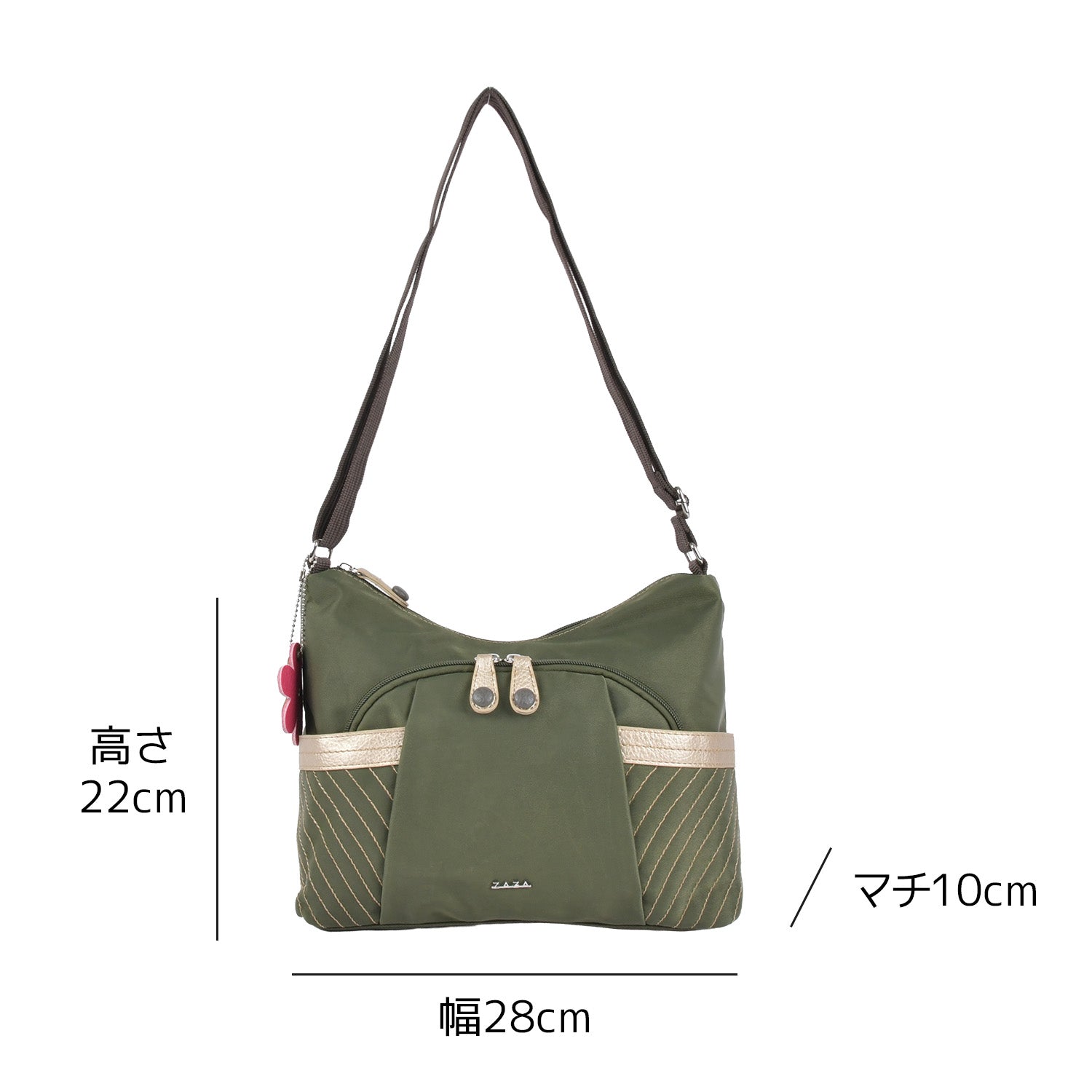 ZAZA シワナイロン花チャーム付きステッチショルダーバッグ EL5131