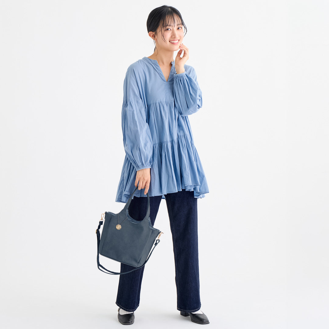 時短バッグ 合皮チャーム付き2wayハンドバッグ ネイビー/デイリー/お出かけ/ショルダーバッグ/ハンドバッグ/2way/合皮/軽量/多収納/チャーム