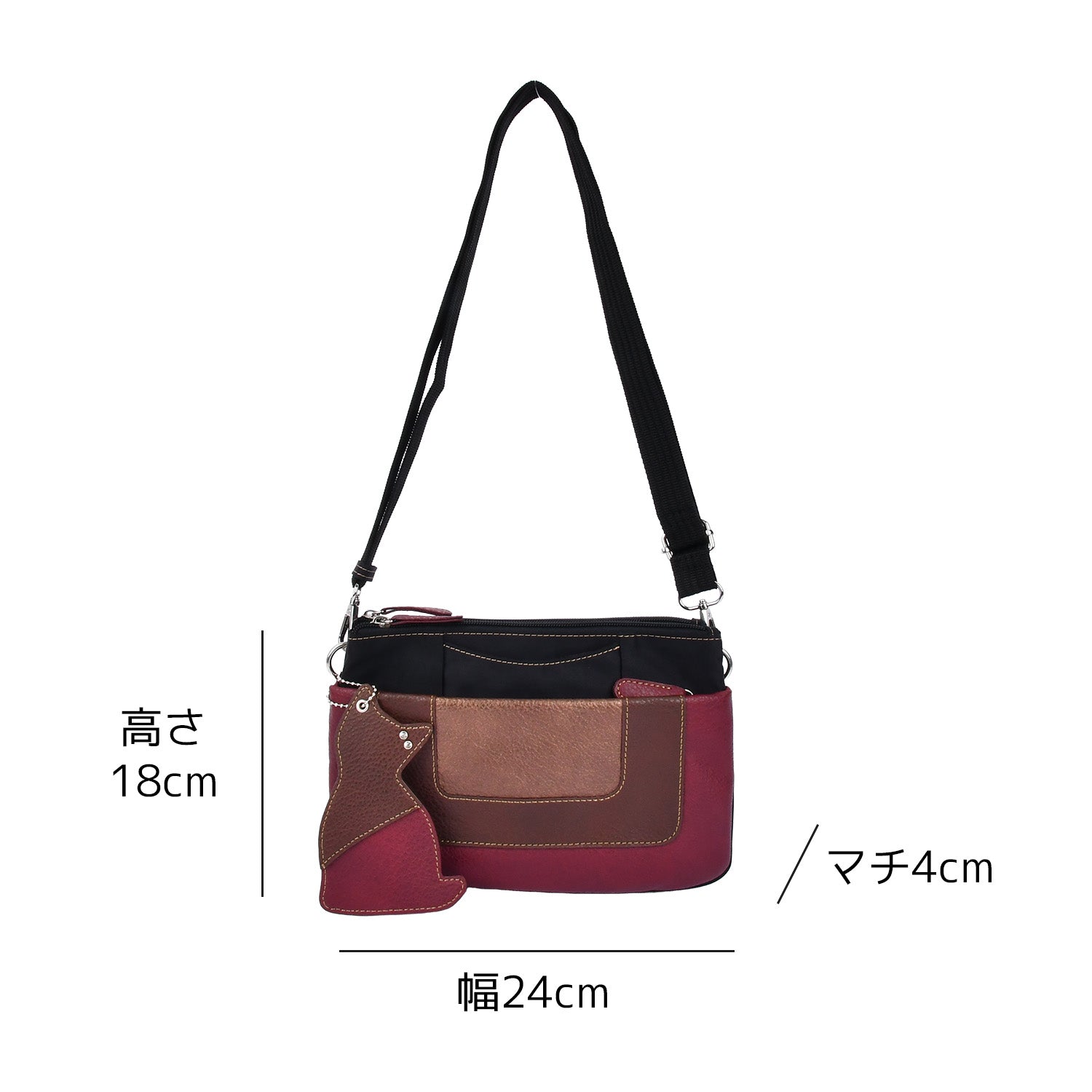 ZAZA シワナイロン×合皮猫チャーム付きマルチカラーショルダーバッグミニ EL7204