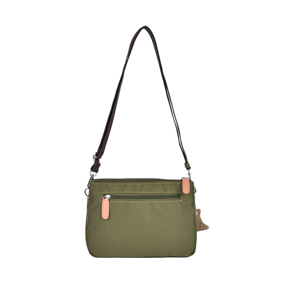 シワナイロン×合皮猫チャーム付きマルチカラーショルダーバッグミニ カーキ×ピンク 背面