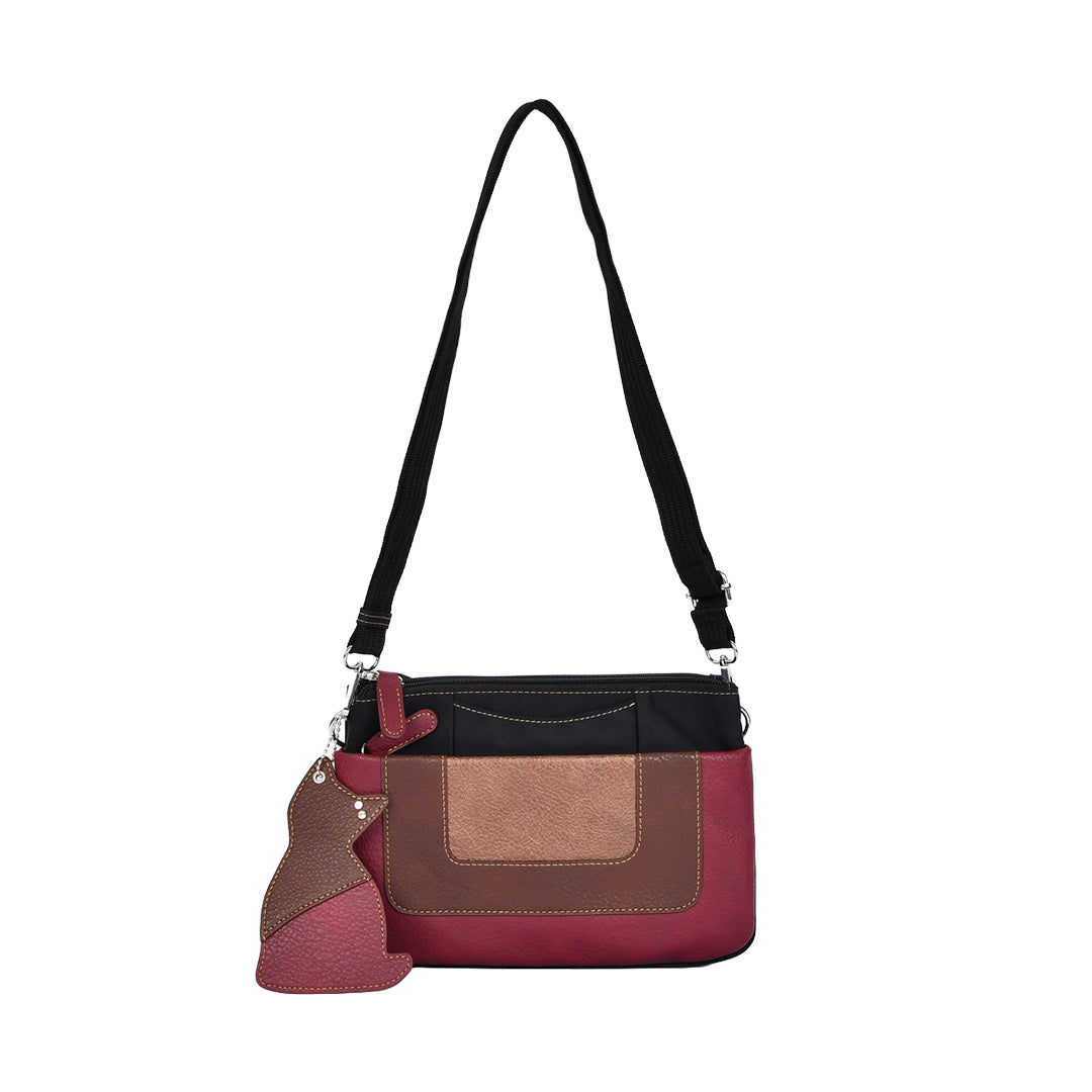 シワナイロン×合皮猫チャーム付きマルチカラーショルダーバッグミニ ブラック×レッド 正面