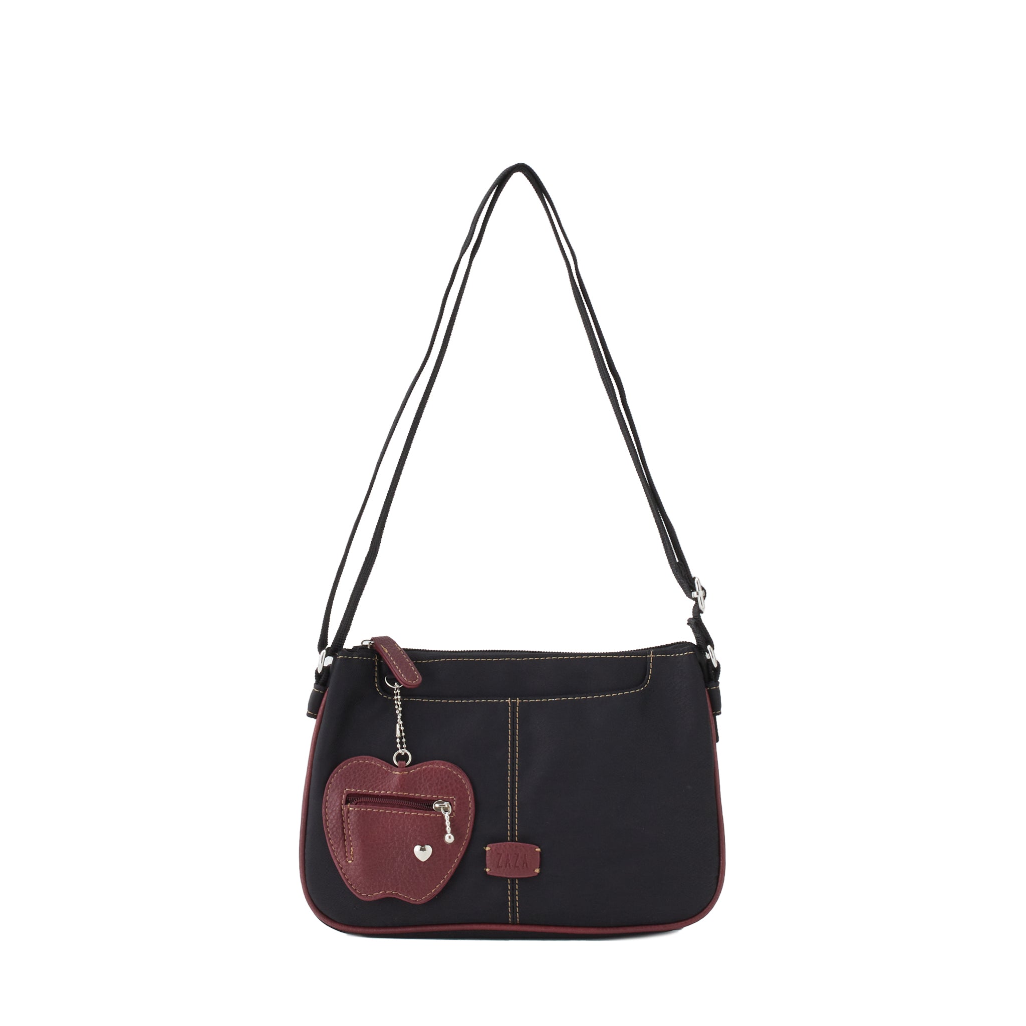 シワナイロンリンゴチャーム付きショルダーバッグミニ ブラック×レッド 正面